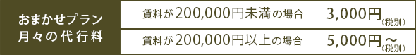 おまかせプランの月々の代行料 料金:賃料が200,000円未満,月々の代行料3,000円,料金:賃料が200,000円以上,月々の代行料5,000円〜